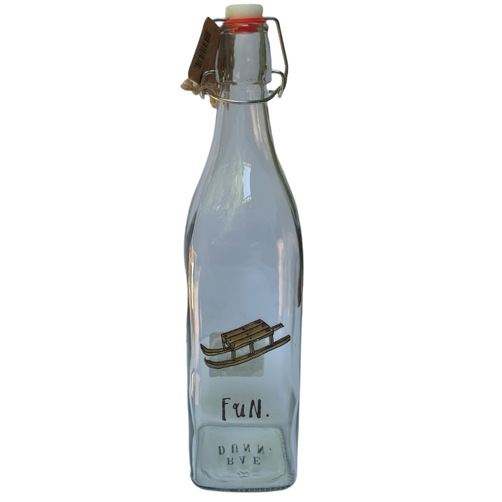 Rae Dunn Fun Bail & Trigger Clear Glass Bottle Sled Graphic Christmas NWT 2017